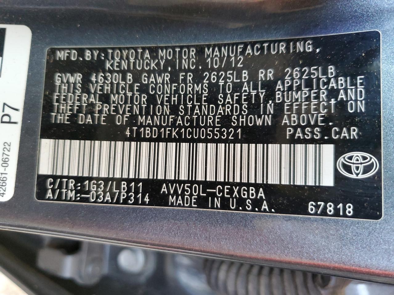 2012 Toyota Camry VIN 4T1BD1FK1CU055321 Copart auction photo, top/roof damage thumbnail 12