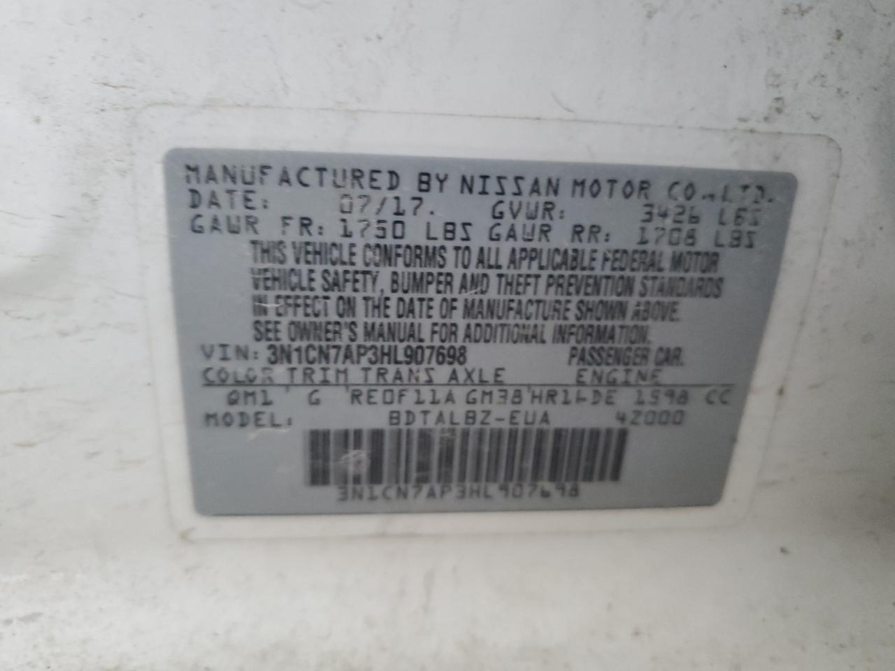 2017 Nissan Versa VIN 3N1CN7AP3HL907698 Copart auction photo, rear end / front end damage thumbnail 13