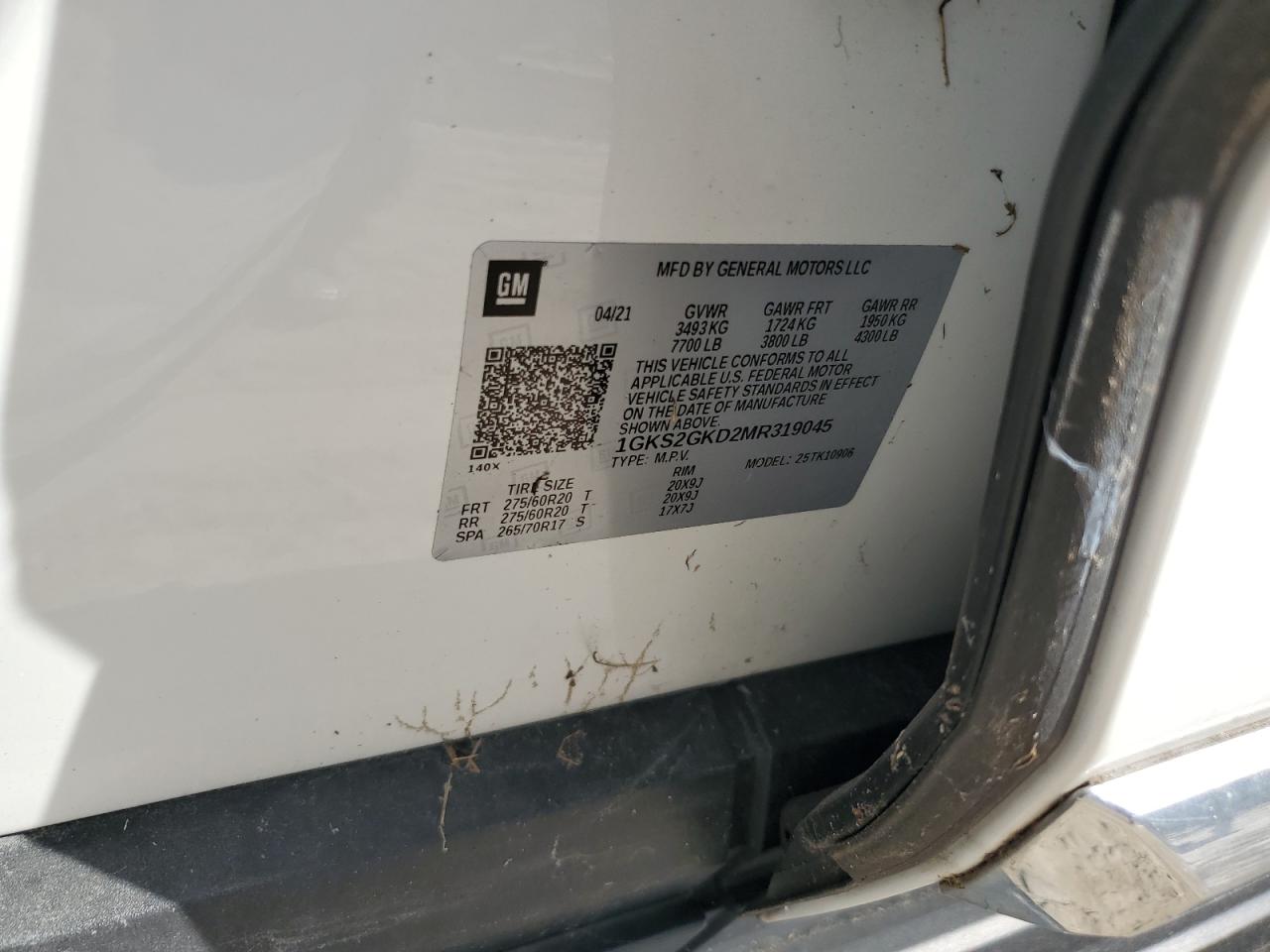 2021 GMC Yukon VIN 1GKS2GKD2MR319045 Copart auction photo, water/flood damage thumbnail 14