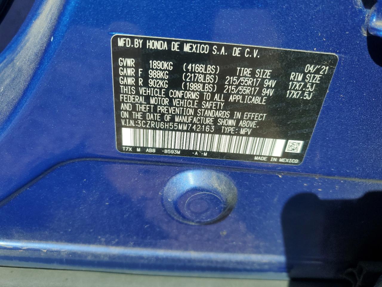 2021 Honda HR-V VIN 3CZRU6H55MM742163 Copart auction photo, rear end damage thumbnail 14
