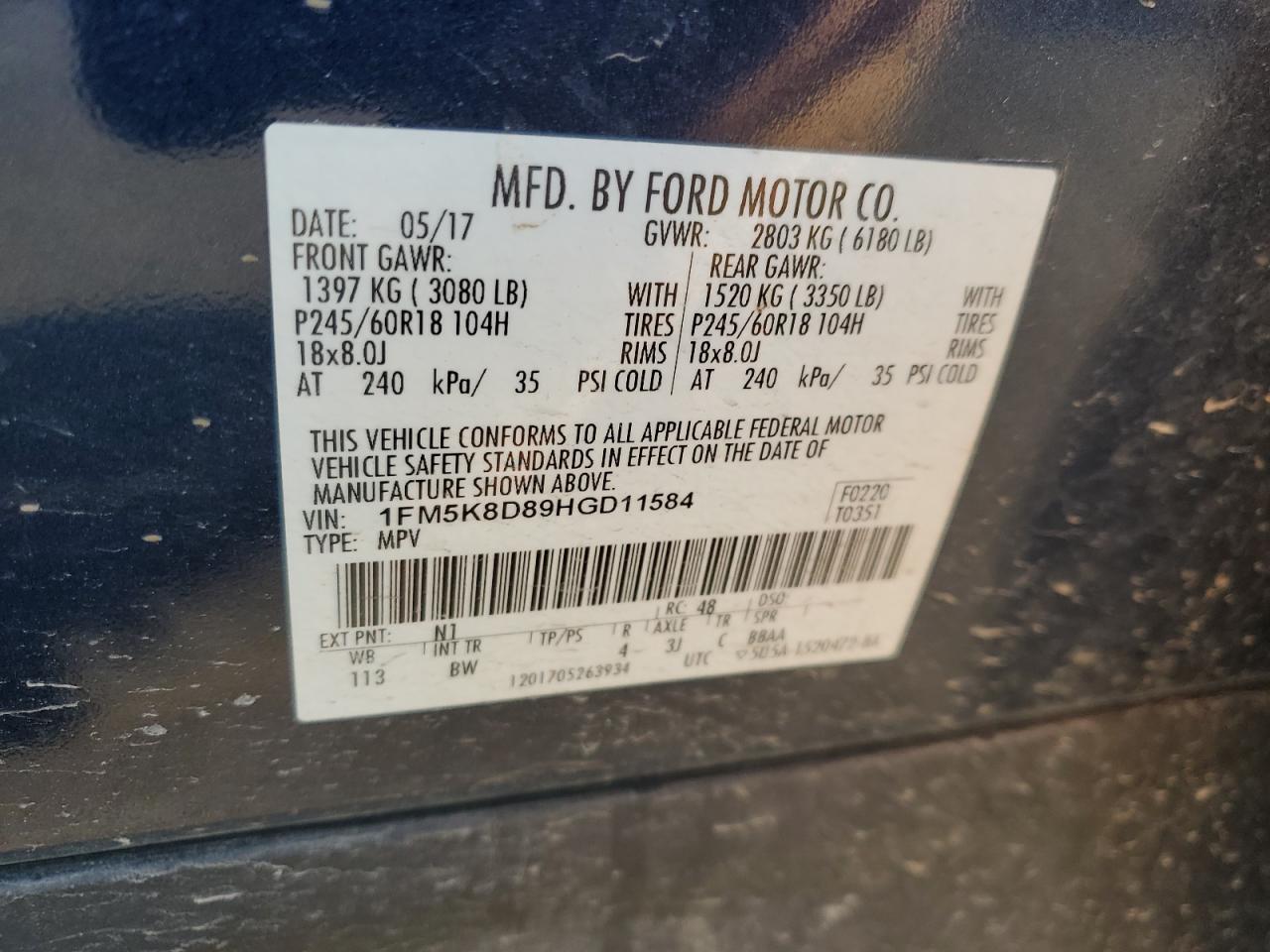 2017 Ford Explorer VIN 1FM5K8D89HGD11584 Copart auction photo, front end / side damage thumbnail 15