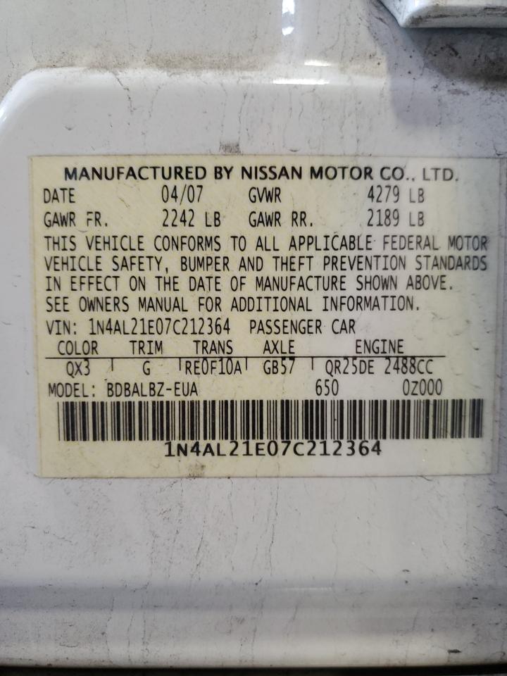 2007 Nissan Altima VIN 1N4AL21E07C212364 Copart auction photo, front end damage thumbnail 13