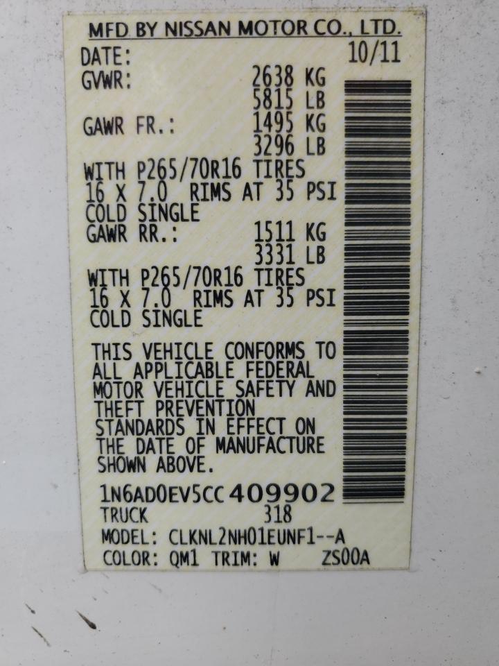 2012 Nissan Navara (Frontier) VIN 1N6AD0EV5CC409902 Copart auction photo, water/flood damage thumbnail 12