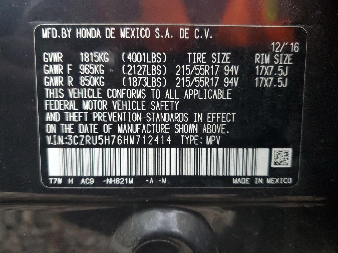 2017 Honda HR-V VIN 3CZRU5H76HM712414 Copart auction photo, front end damage thumbnail 14
