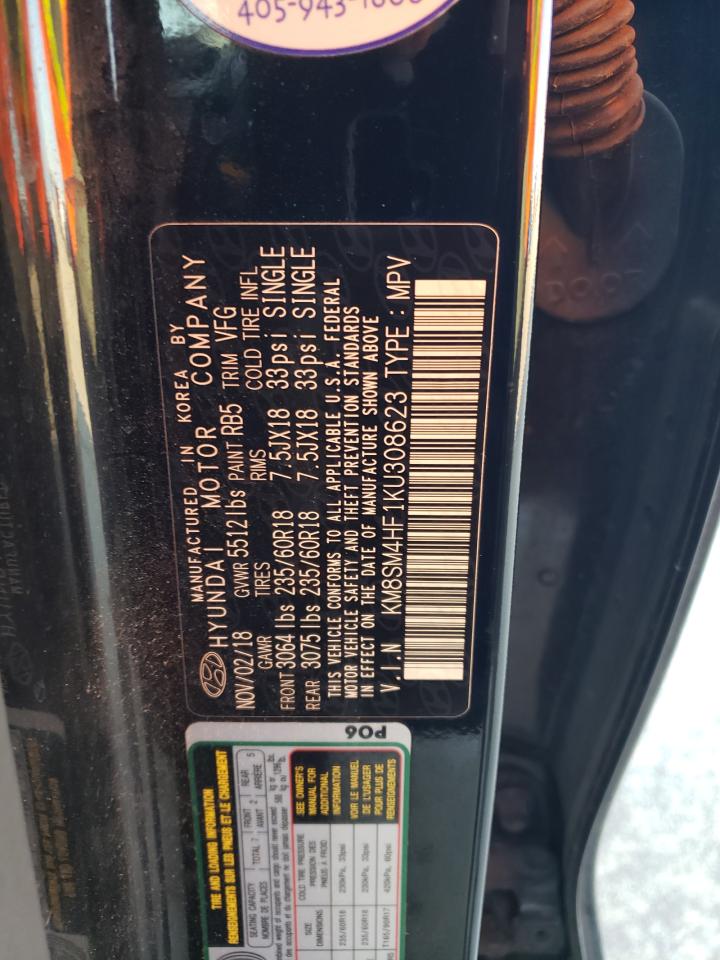 2019 Hyundai Santa Fe VIN KM8SM4HF1KU308623 Copart auction photo, hail damage thumbnail 13