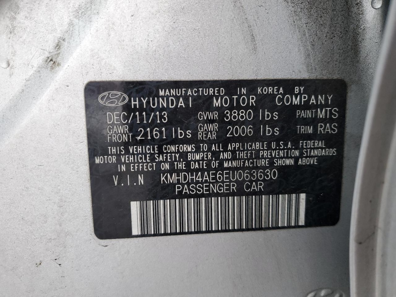 2014 Hyundai Elantra VIN KMHDH4AE6EU063630 Copart auction photo, rear end damage thumbnail 12