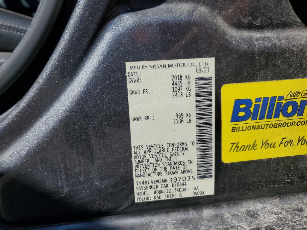 2021 Nissan Altima VIN 1N4BL4EW2MN397035 Copart auction photo, front end damage thumbnail 12