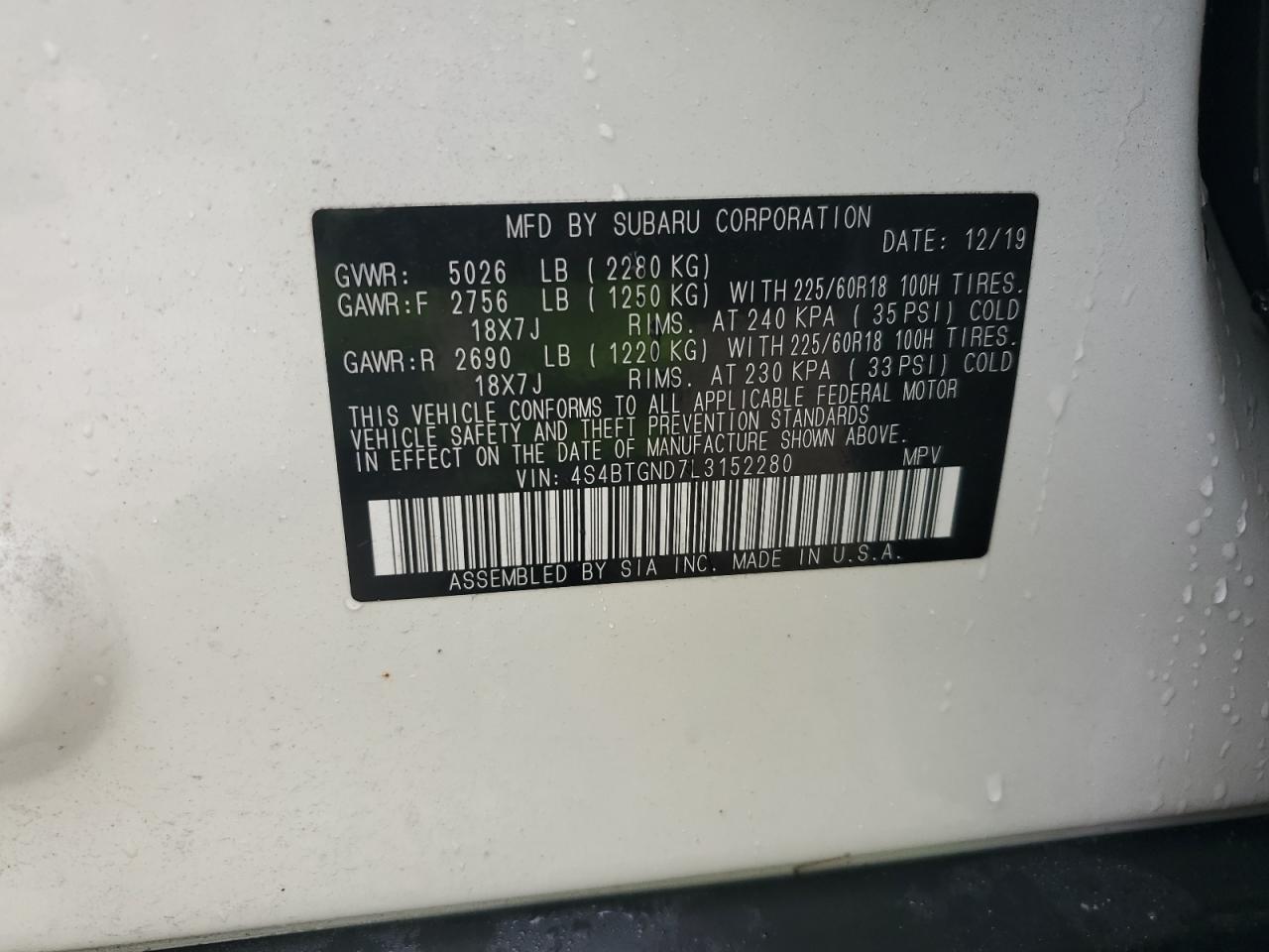 2020 Subaru Outback VIN 4S4BTGND7L3152280 Copart auction photo, water/flood damage thumbnail 13