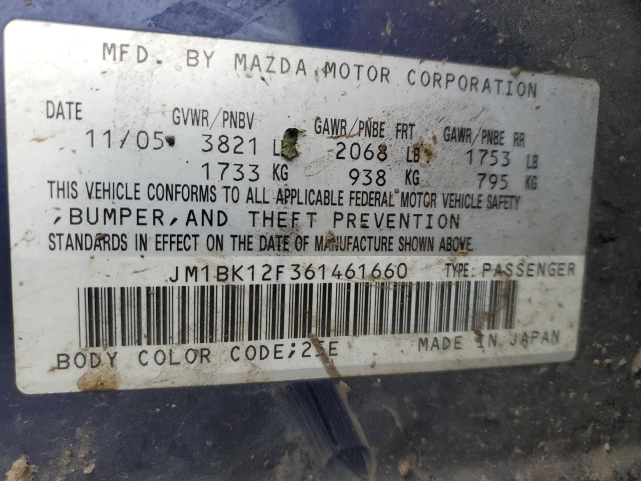 2006 Mazda 3 VIN JM1BK12F361461660 Copart auction photo, undercarriage / all over damage thumbnail 12