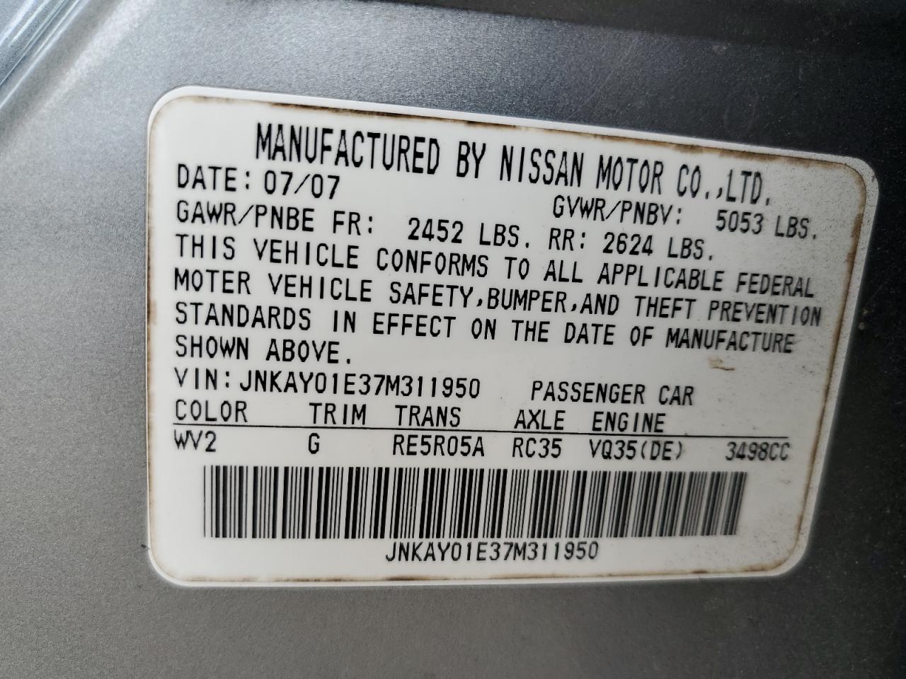 2007 Infiniti M VIN JNKAY01E37M311950 Copart auction photo, all over damage thumbnail 12