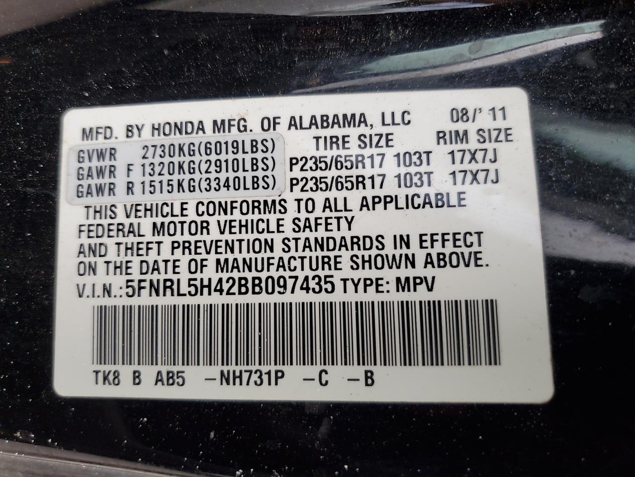 2011 Honda Odyssey VIN 5FNRL5H42BB097435 Copart auction photo, water/flood damage thumbnail 14