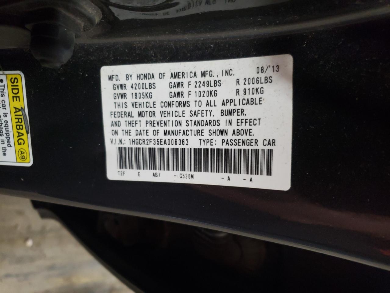 2014 Honda Accord VIN 1HGCR2F35EA006363 Copart auction photo, rear end / minor dent/scratches damage thumbnail 12