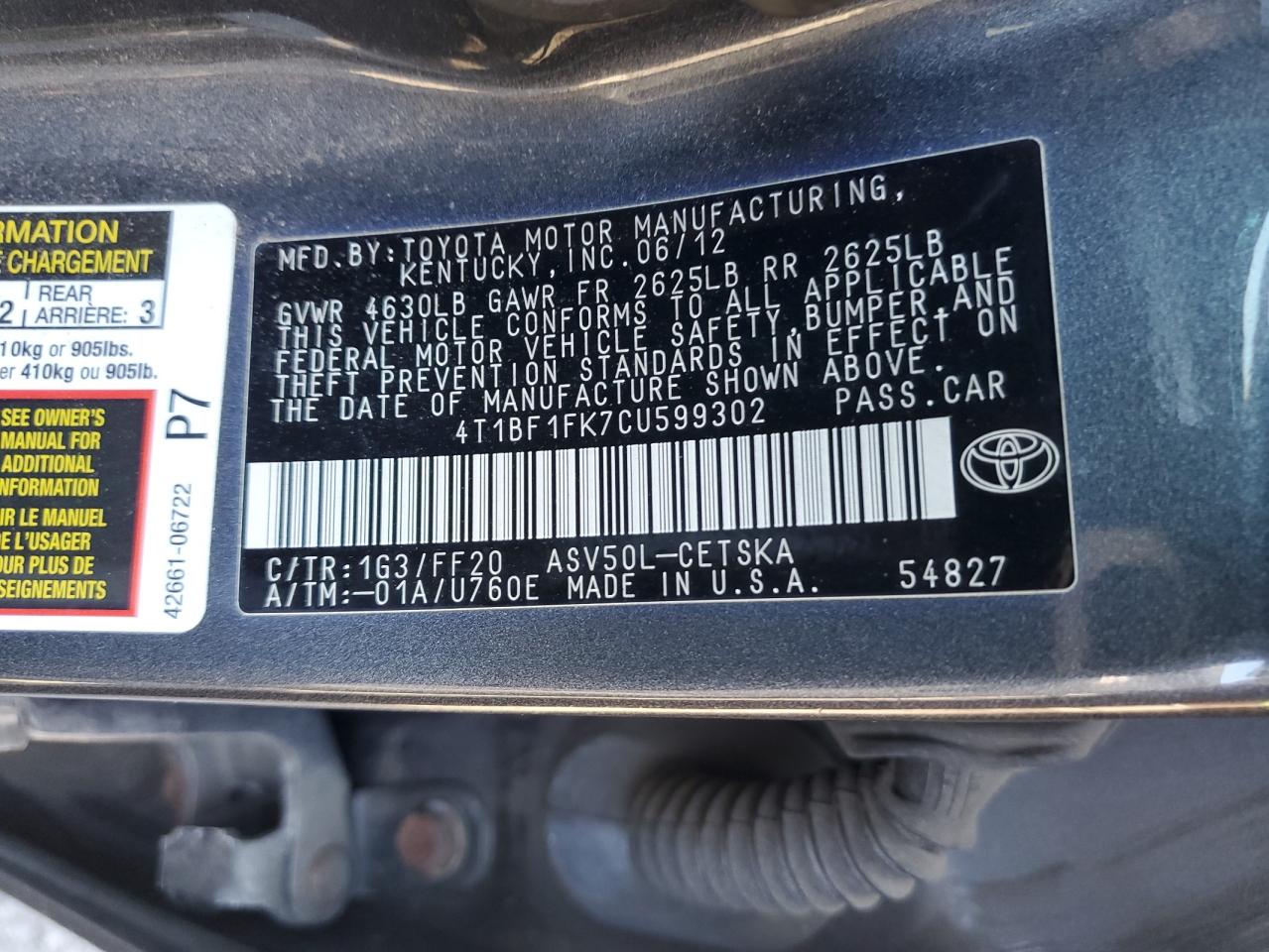 2012 Toyota Camry VIN 4T1BF1FK7CU599302 Copart auction photo, rear end / side damage thumbnail 13