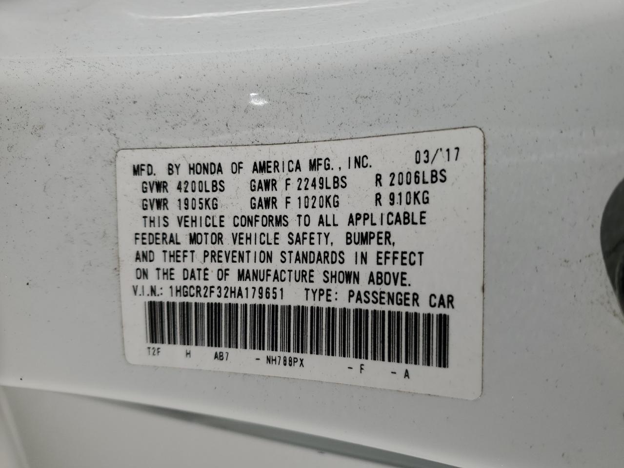 2017 Honda Accord VIN 1HGCR2F32HA179651 Copart auction photo, front end damage thumbnail 13