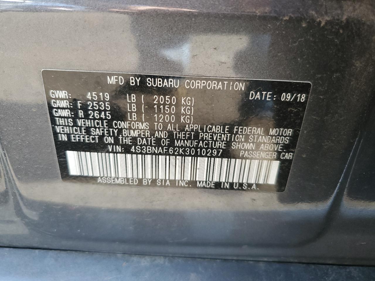 2019 Subaru Legacy VIN 4S3BNAF62K3010297 Copart auction photo, rear end damage thumbnail 12