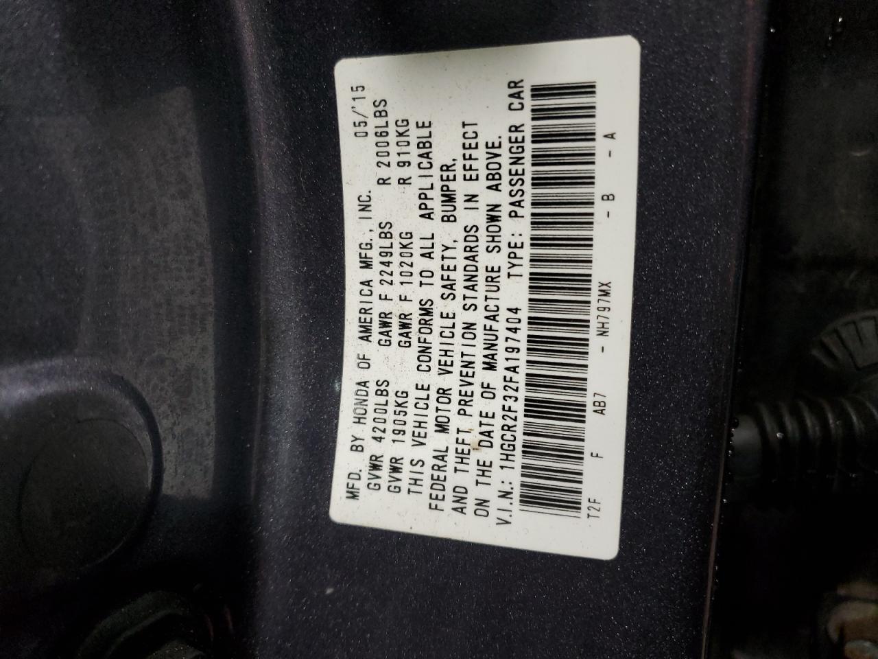 2015 Honda Accord VIN 1HGCR2F32FA197404 Copart auction photo, front end damage thumbnail 12
