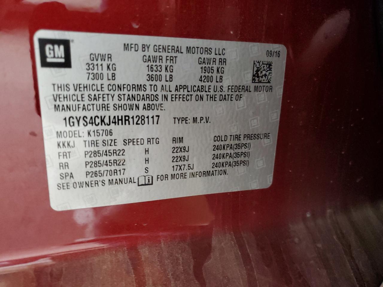 2017 Cadillac Escalade VIN 1GYS4CKJ4HR128117 Copart auction photo, front end / minor dent/scratches damage thumbnail 13