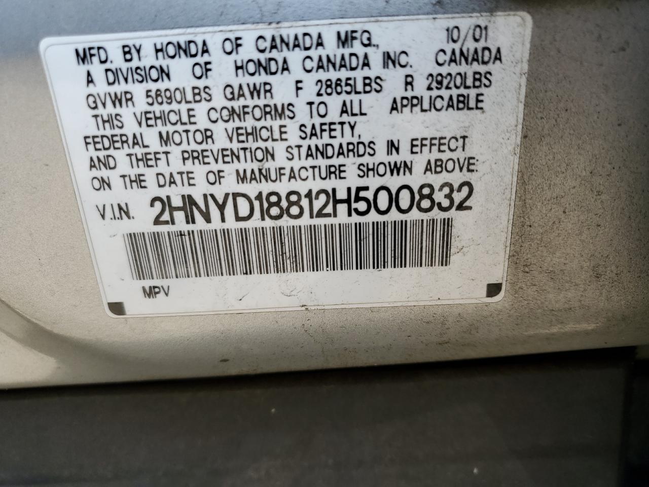 2002 Acura MDX VIN 2HNYD18812H500832 Copart auction photo, front end damage thumbnail 13