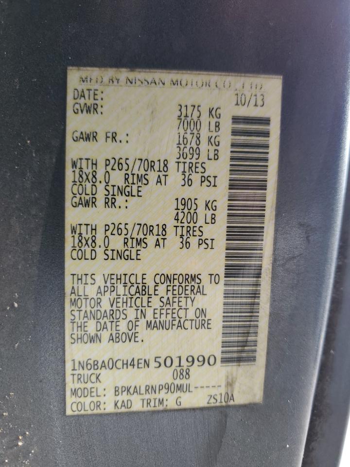 2014 Nissan Titan VIN 1N6BA0CH4EN501990 Copart auction photo, front end damage thumbnail 13