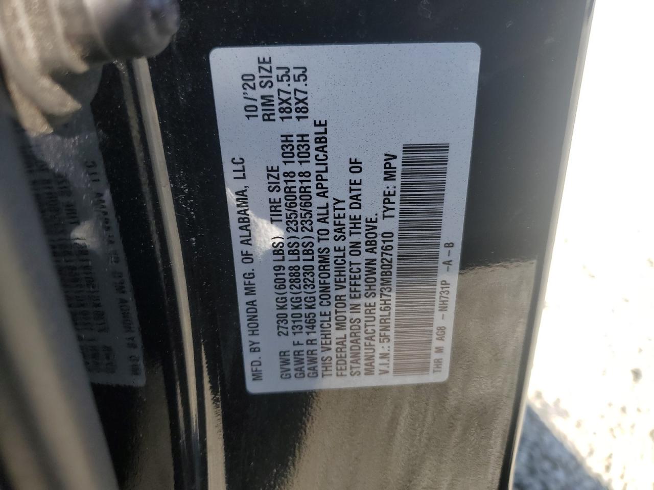 2021 Honda Odyssey VIN 5FNRL6H73MB027610 Copart auction photo, side damage thumbnail 14