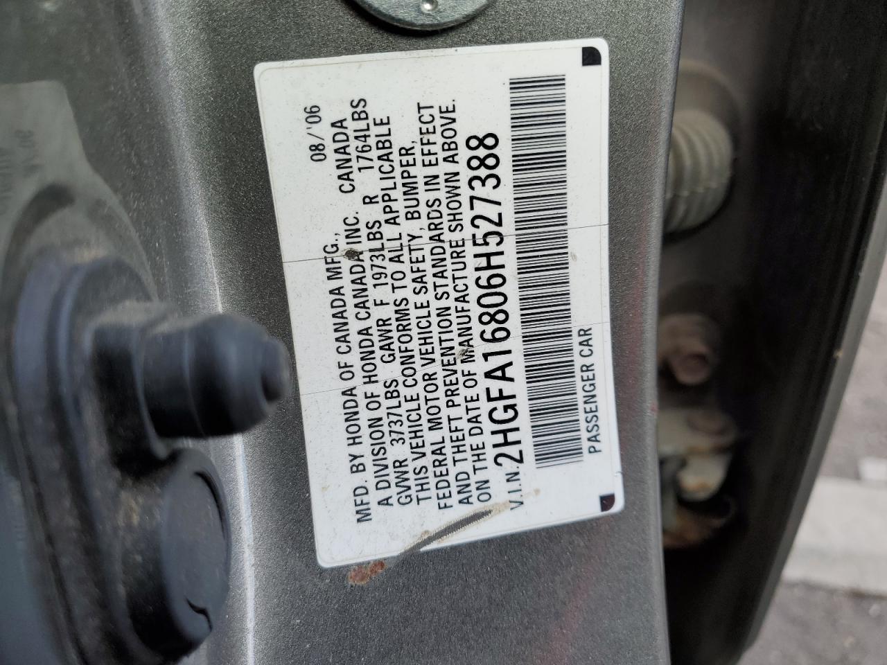 2006 Honda Civic VIN 2HGFA16806H527388 Copart auction photo, front end / minor dent/scratches damage thumbnail 12