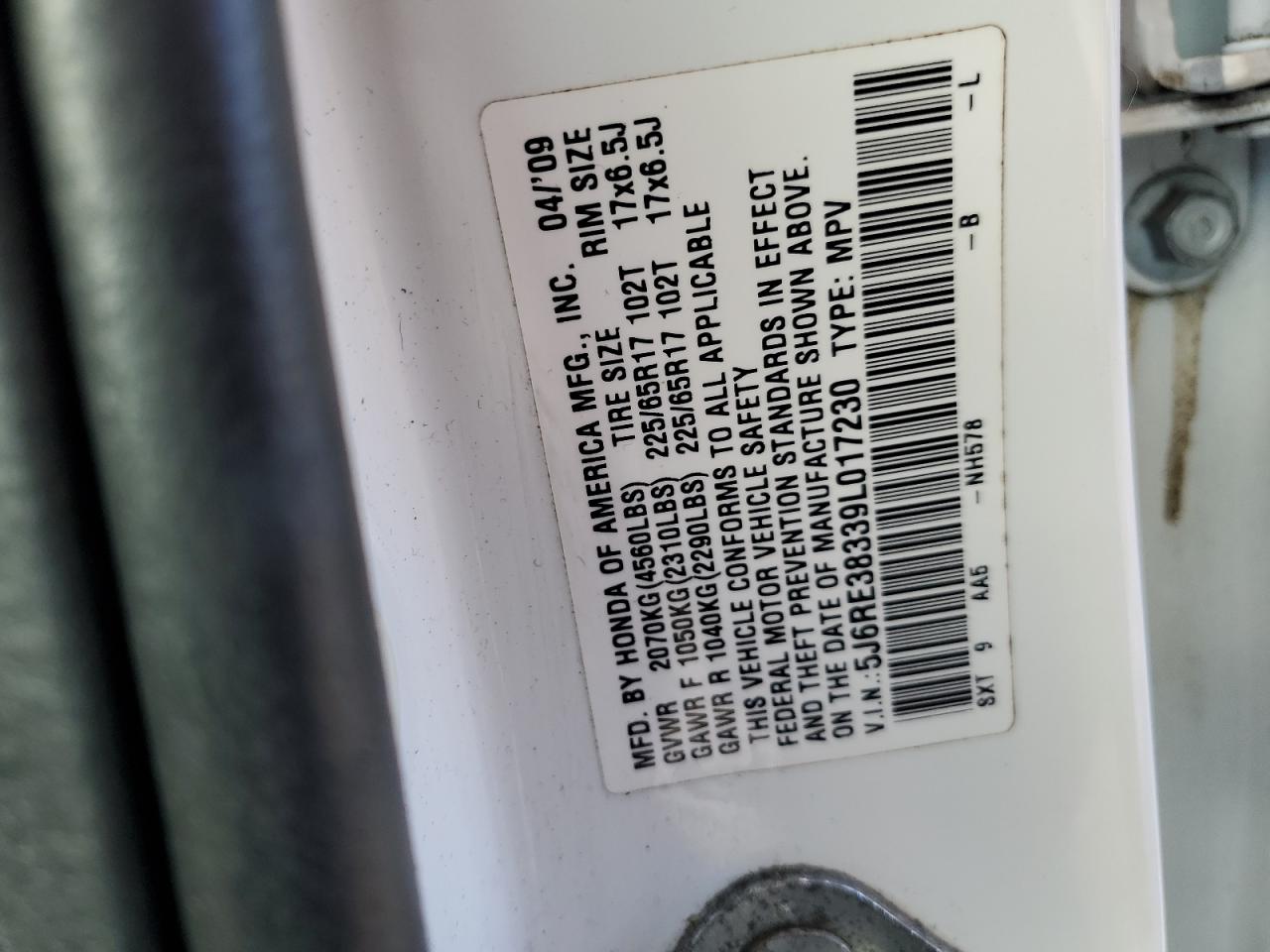 2009 Honda CR-V VIN 5J6RE38339L017230 Copart auction photo, front end damage thumbnail 13