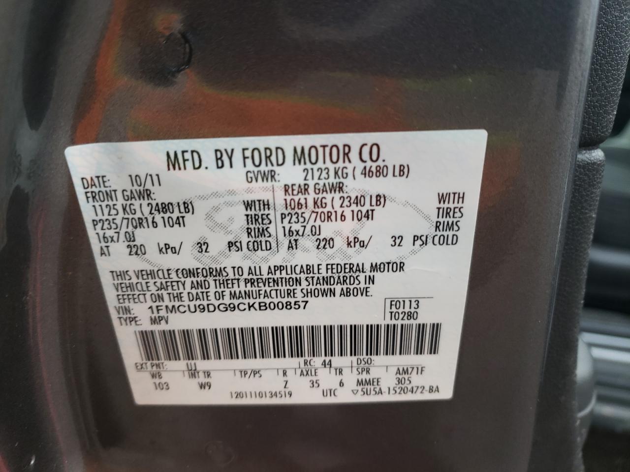 2012 Ford Escape VIN 1FMCU9DG9CKB00857 Copart auction photo, front end damage thumbnail 15