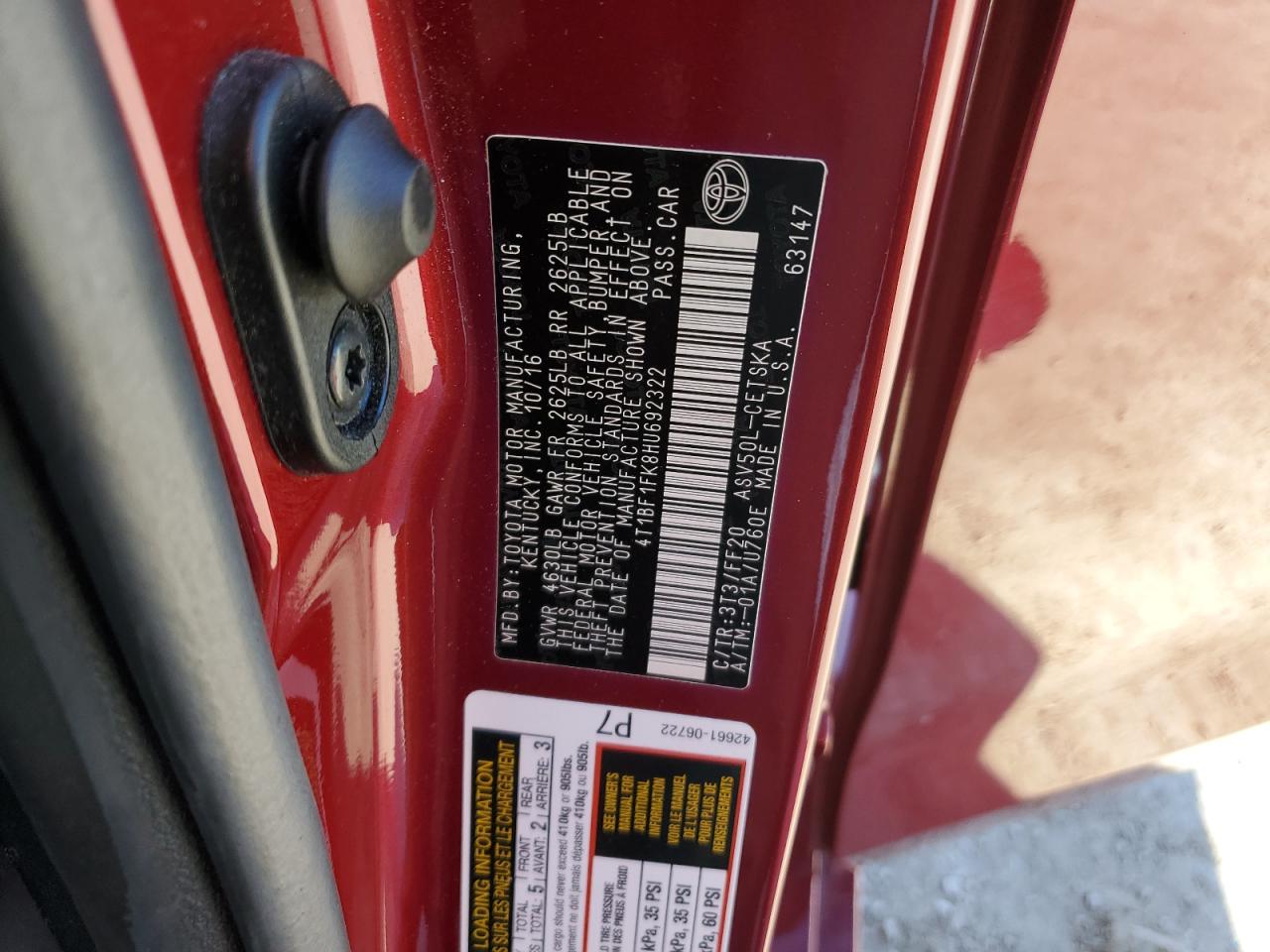 2017 Toyota Camry VIN 4T1BF1FK8HU692322 Copart auction photo, hail damage thumbnail 14
