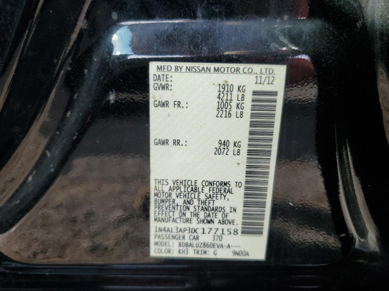 2013 Nissan Altima VIN 1N4AL3AP3DC177158 Copart auction photo, front end / minor dent/scratches damage thumbnail 12
