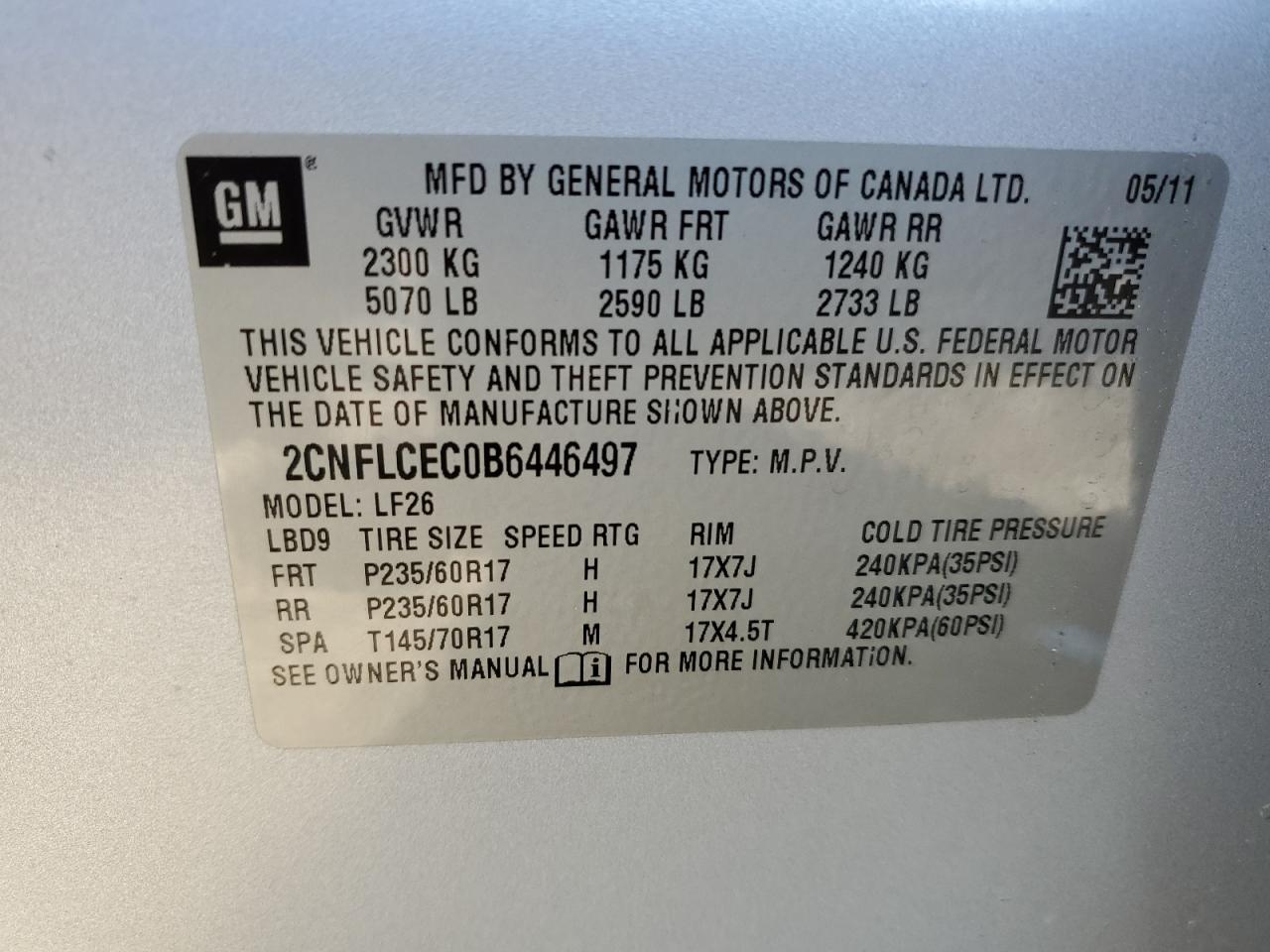 2011 Chevrolet Equinox VIN 2CNFLCEC0B6446497 Copart auction photo, rear end damage thumbnail 15