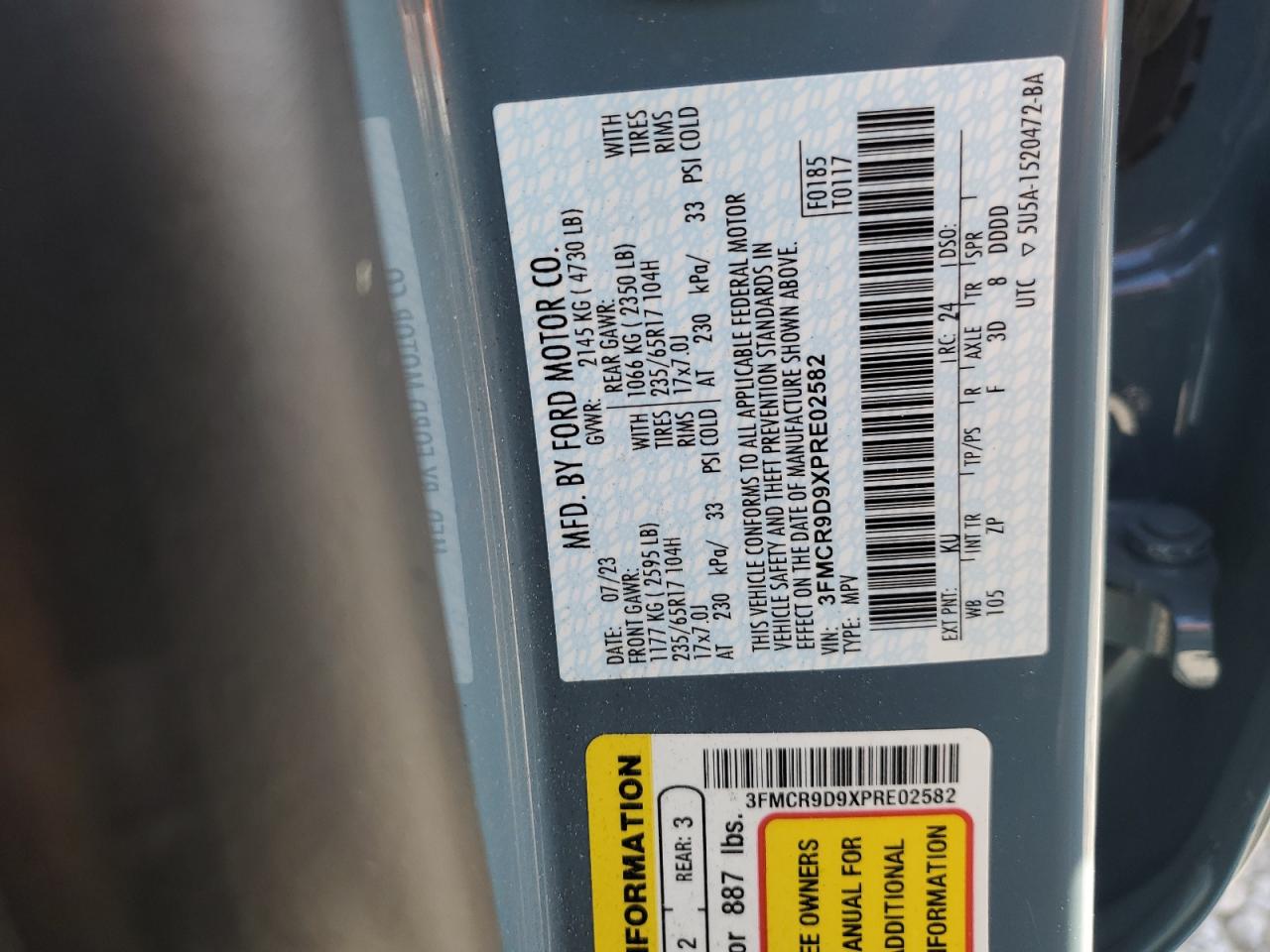 2023 Ford Bronco VIN 3FMCR9D9XPRE02582 Copart auction photo, rear end damage thumbnail 13