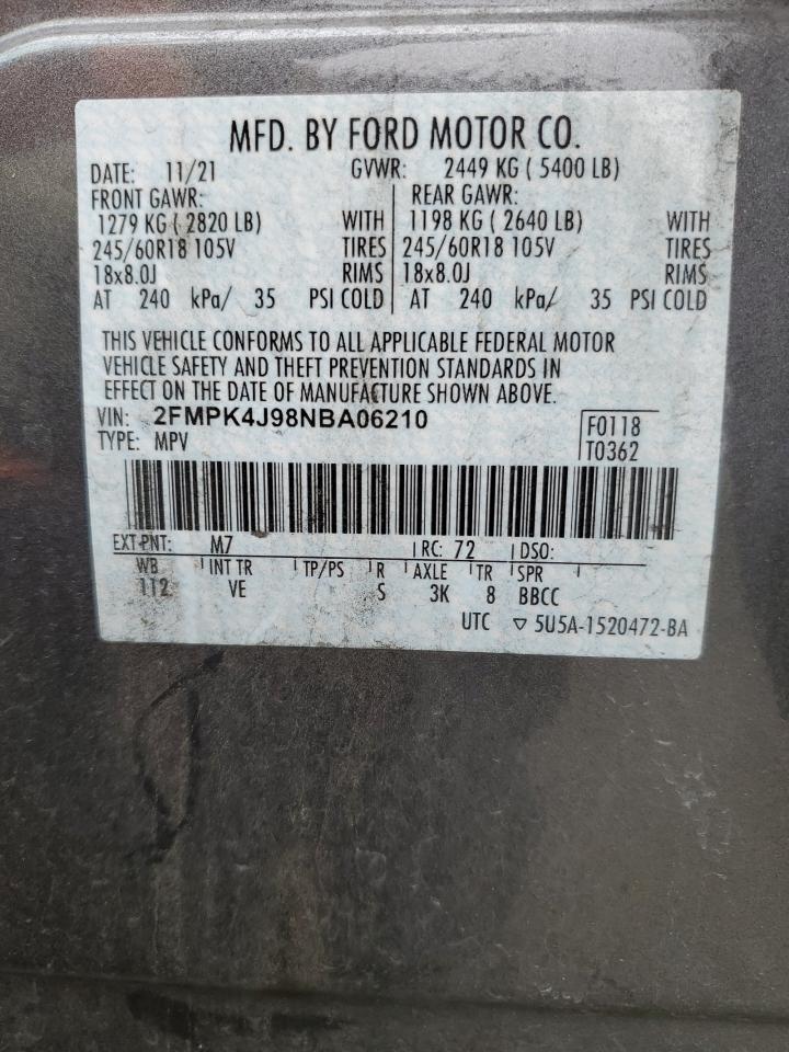 2022 Ford Edge VIN 2FMPK4J98NBA06210 Copart auction photo, all over damage thumbnail 14