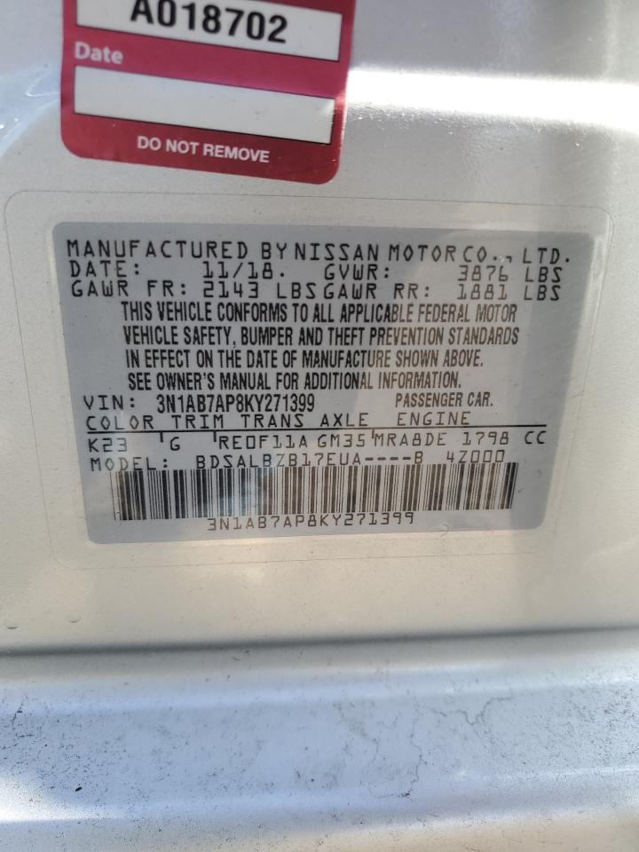 2019 Nissan Sentra VIN 3N1AB7AP8KY271399 Copart auction photo, side / undercarriage damage thumbnail 15