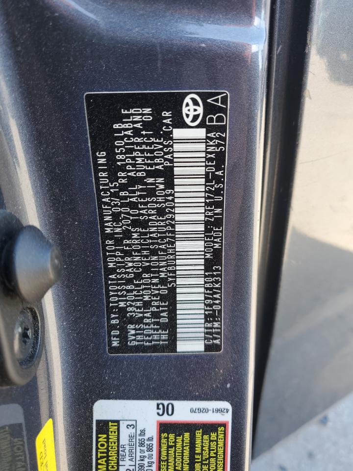 2015 Toyota Corolla VIN 5YFBURHE7FP292049 Copart auction photo, front end damage thumbnail 14