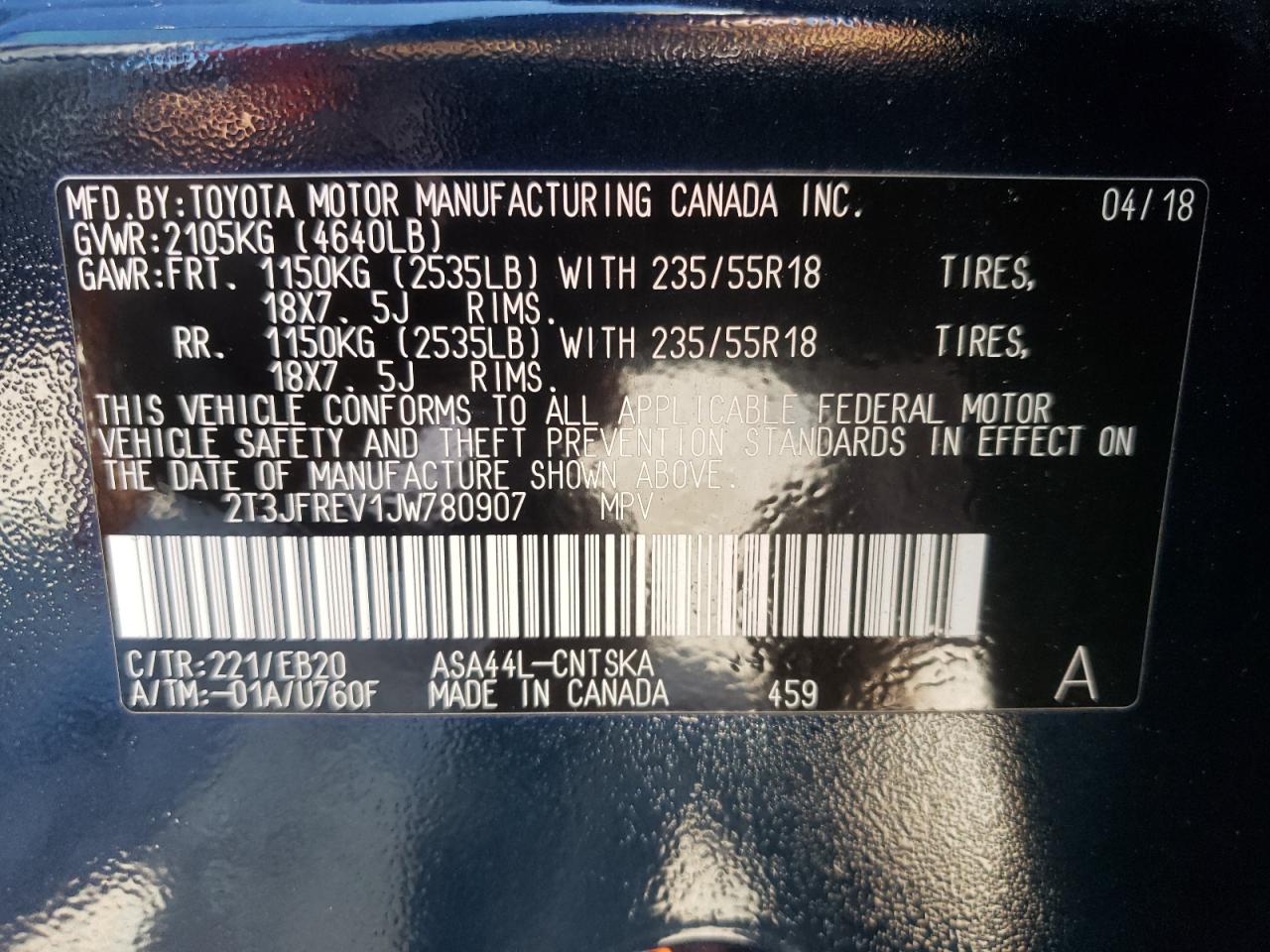 2018 Toyota RAV 4 VIN 2T3JFREV1JW780907 Copart auction photo, front end damage thumbnail 16