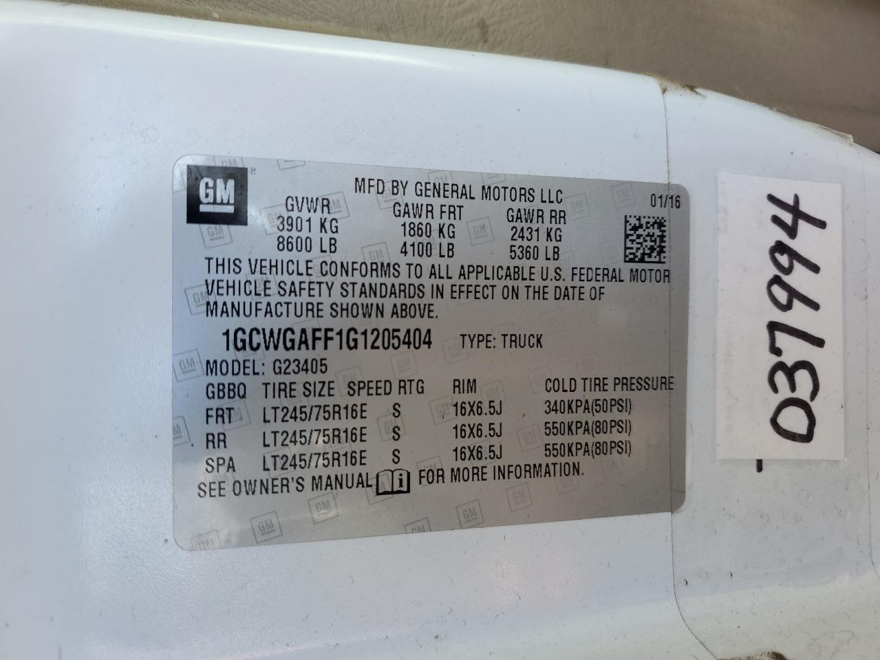 2016 Chevrolet Express VIN 1GCWGAFF1G1205404 Copart auction photo, front end / side damage thumbnail 13