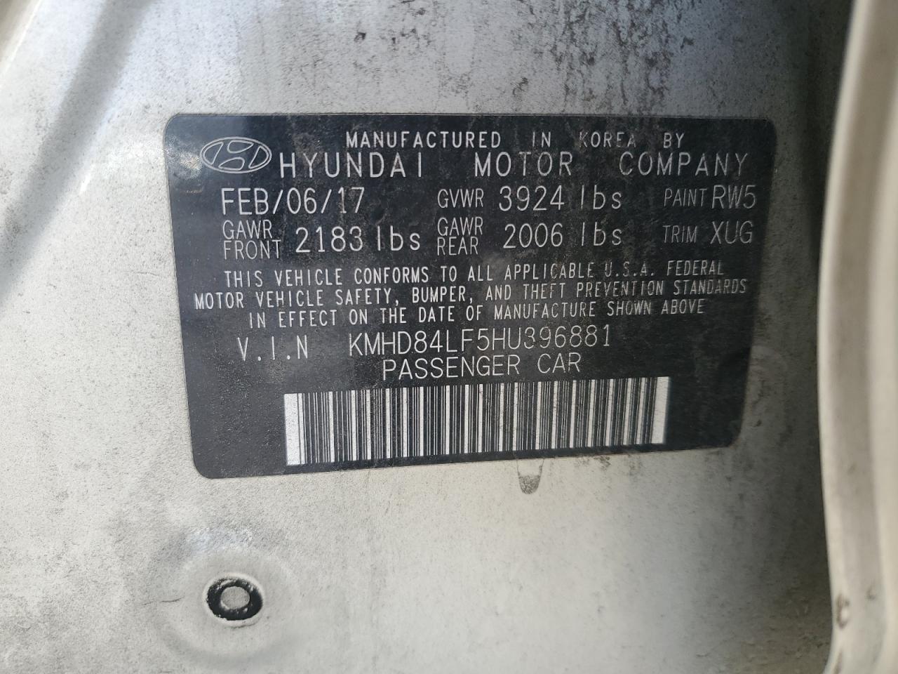 2017 Hyundai Elantra VIN KMHD84LF5HU396881 Copart auction photo, rear end / side damage thumbnail 12
