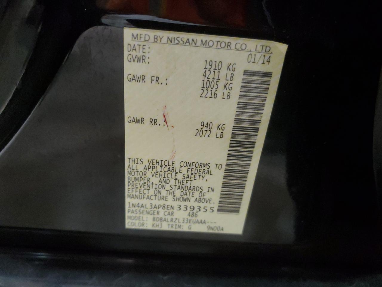 2014 Nissan Altima VIN 1N4AL3AP8EN339355 Copart auction photo, front end / undercarriage damage thumbnail 14