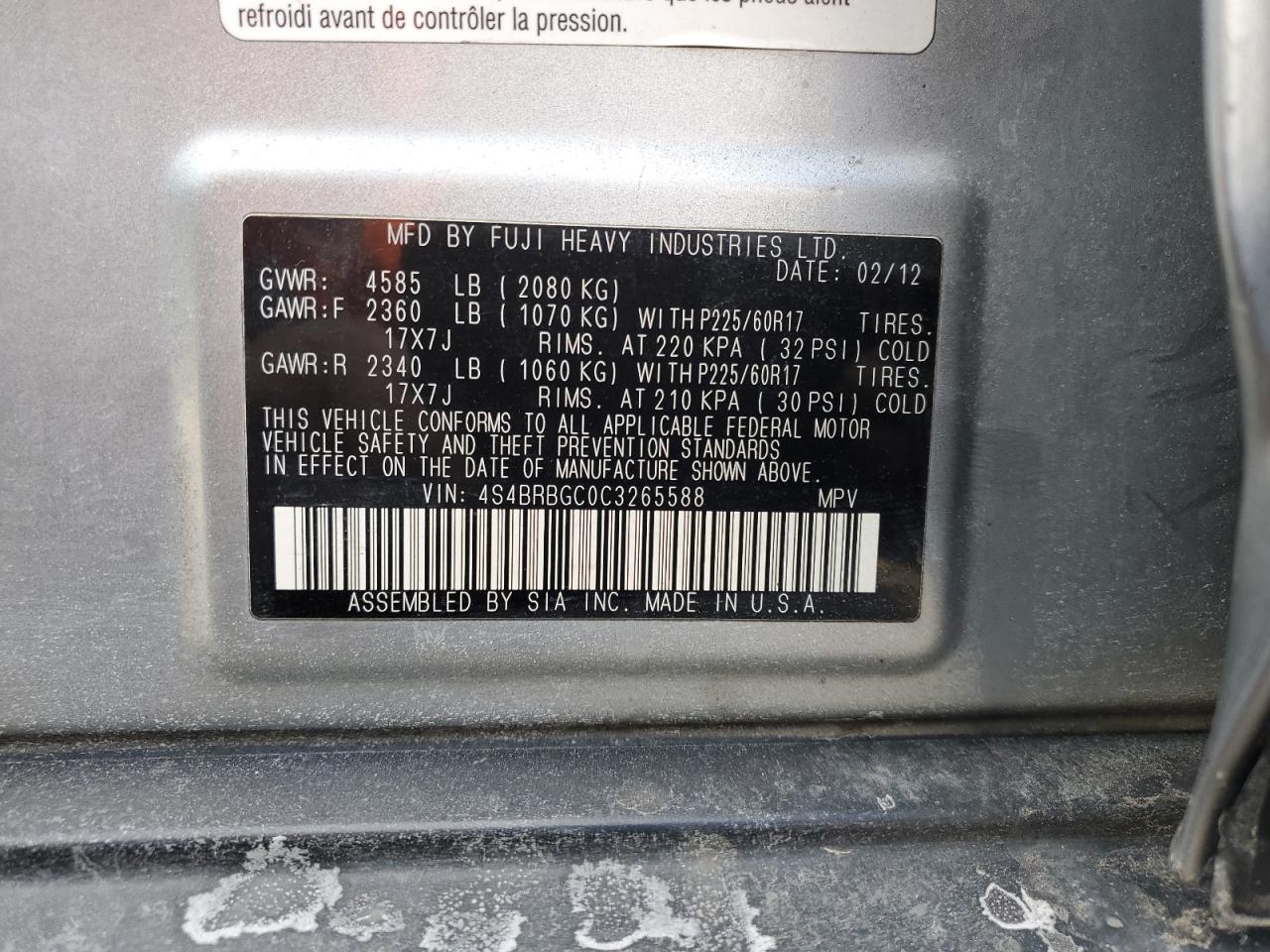 2012 Subaru Outback VIN 4S4BRBGC0C3265588 Copart auction photo, minor dent/scratches damage thumbnail 13