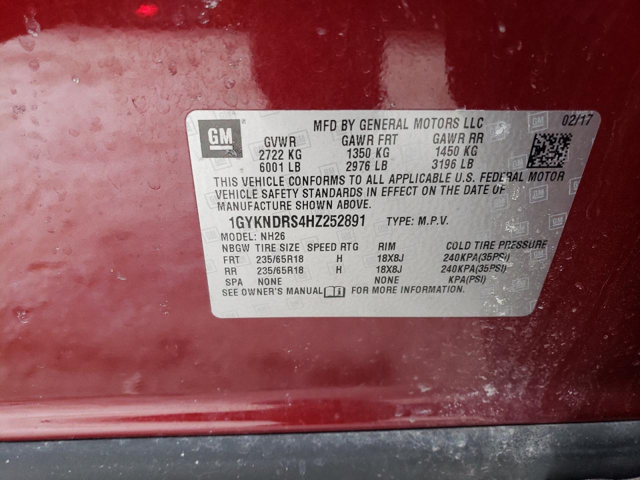 2017 Cadillac XT5 VIN 1GYKNDRS4HZ252891 Copart auction photo, front end damage thumbnail 13