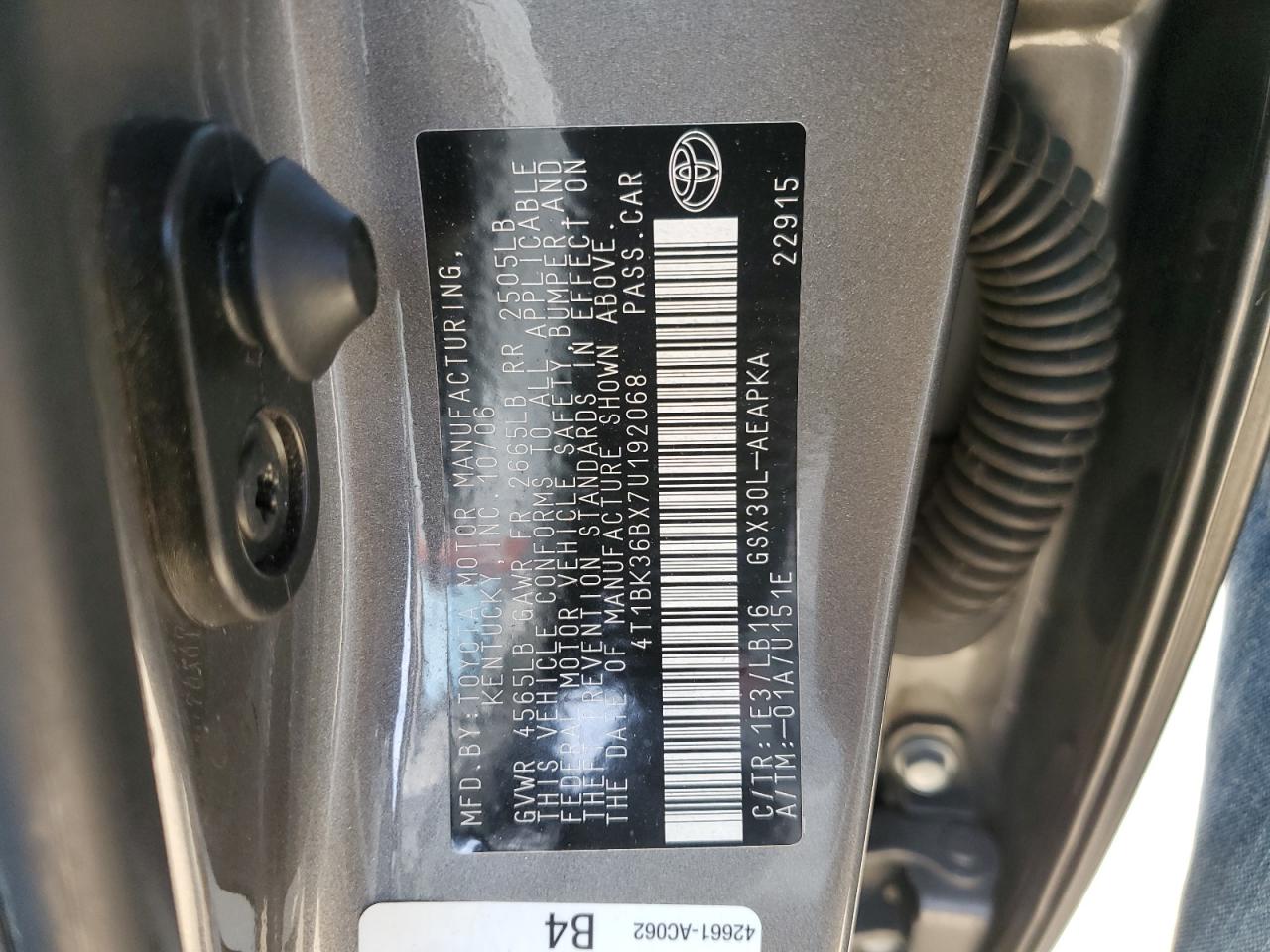 2007 Toyota Avalon VIN 4T1BK36BX7U192068 Copart auction photo, rear end damage thumbnail 12