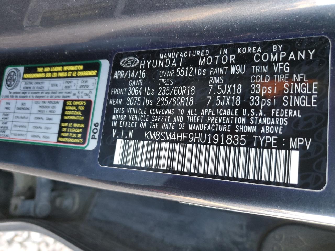 2017 Hyundai Santa Fe VIN KM8SM4HF9HU191835 Copart auction photo, front end damage thumbnail 13