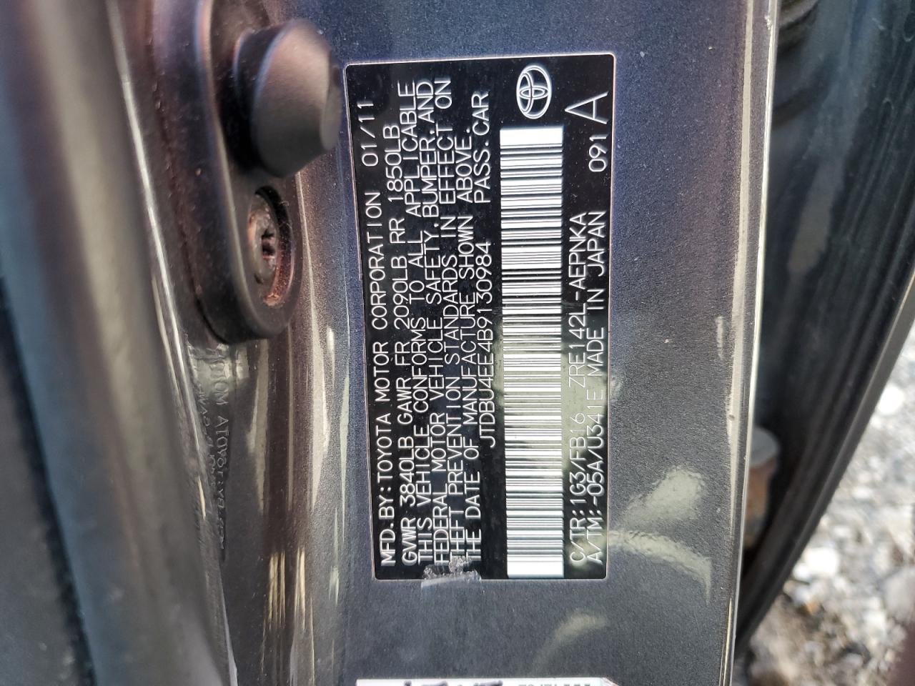 2011 Toyota Corolla VIN JTDBU4EE4B9130984 Copart auction photo, all over damage thumbnail 12