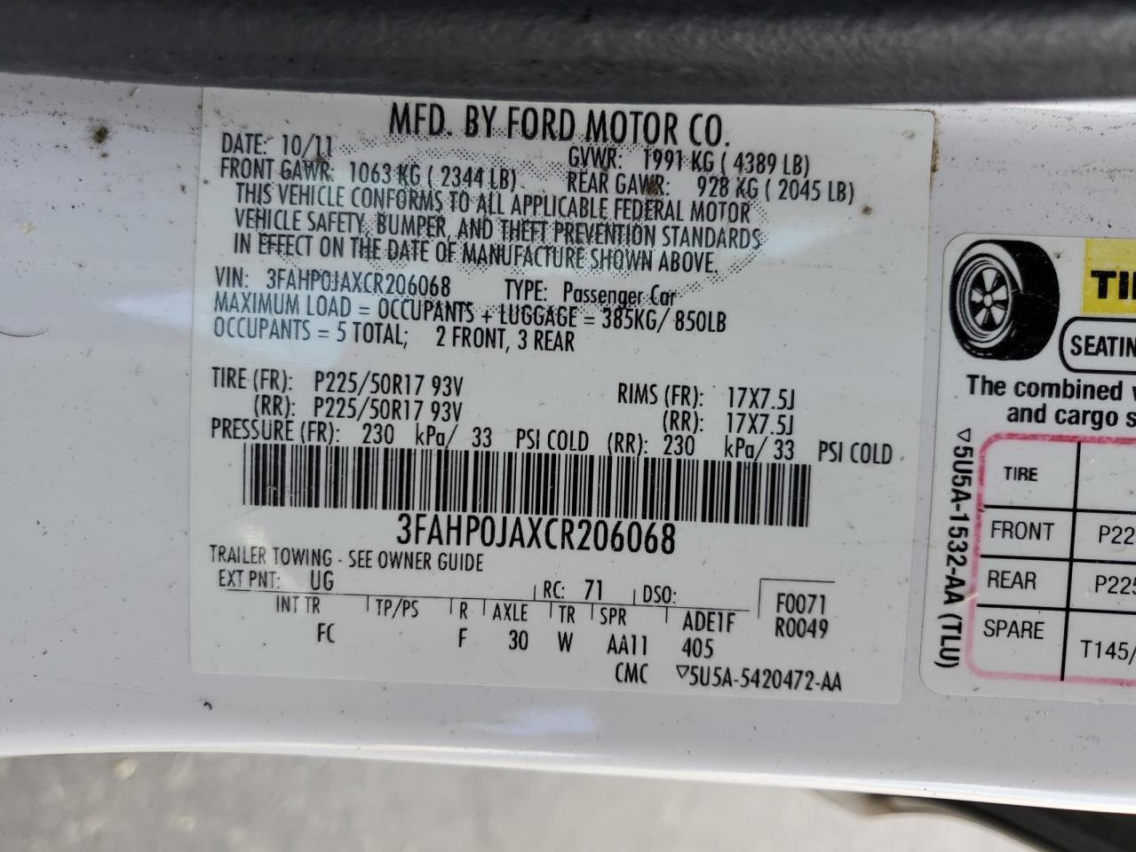 2012 Ford Fusion VIN 3FAHP0JAXCR206068 Copart auction photo, front end / rear end damage thumbnail 14