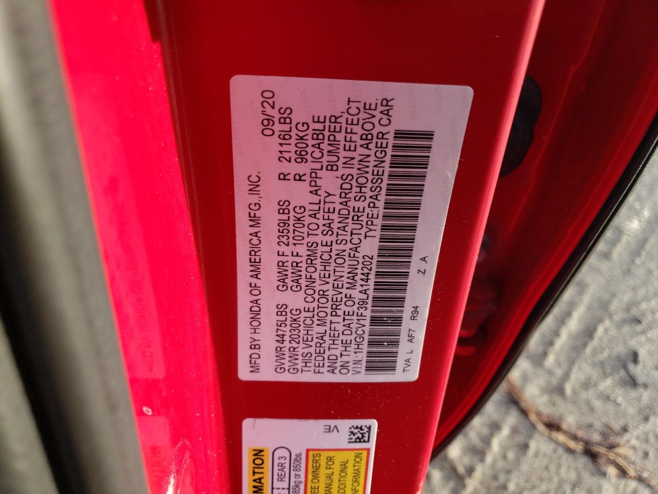 2020 Honda Accord VIN 1HGCV1F39LA144202 Copart auction photo, front end damage thumbnail 13