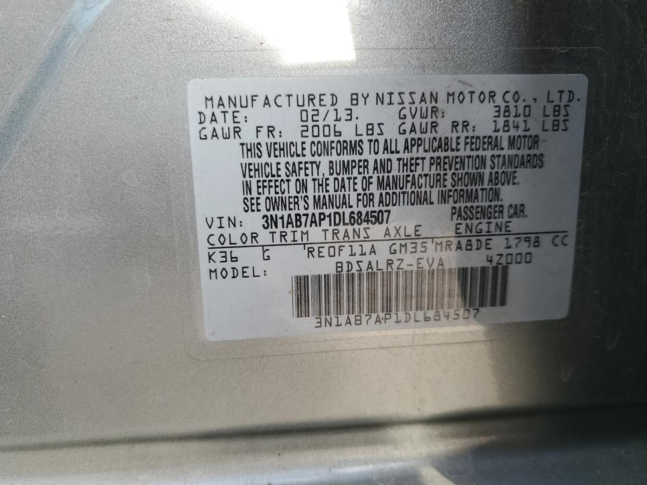2013 Nissan Sentra VIN 3N1AB7AP1DL684507 Copart auction photo, rear end / front end damage thumbnail 12