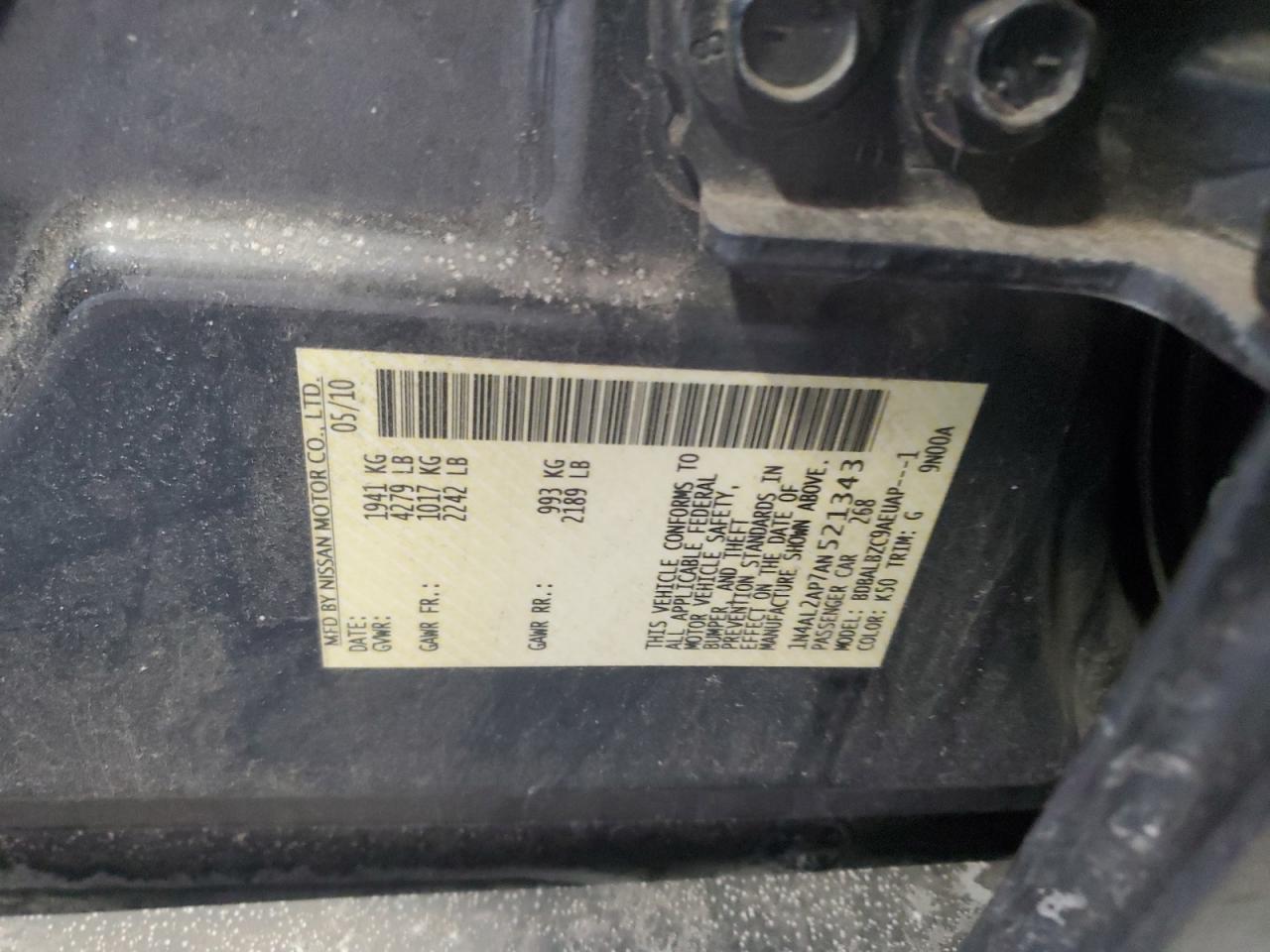 2010 Nissan Altima VIN 1N4AL2AP7AN521343 Copart auction photo, front end / side damage thumbnail 12