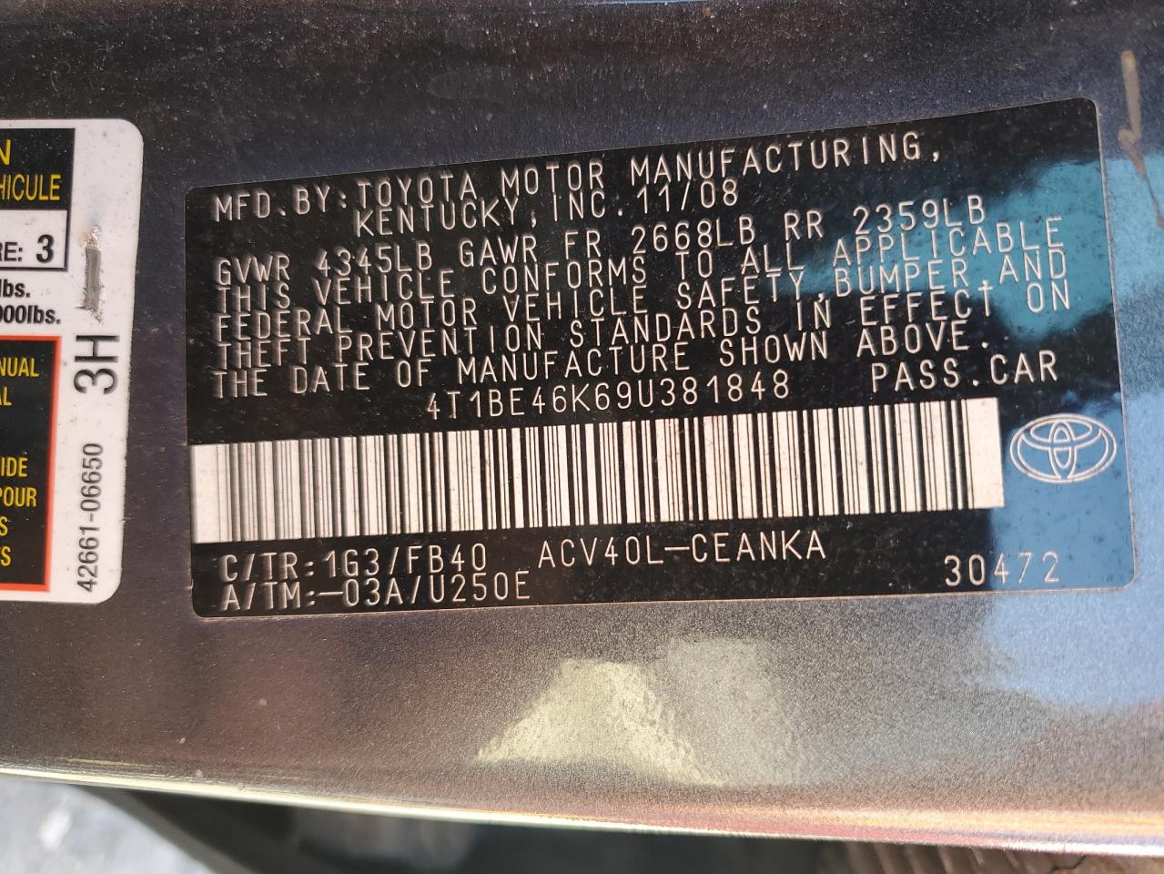 2009 Toyota Camry VIN 4T1BE46K69U381848 Copart auction photo, front end damage thumbnail 12