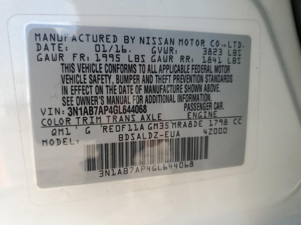 2016 Nissan Sentra VIN 3N1AB7AP4GL644068 Copart auction photo, front end / all over damage thumbnail 14