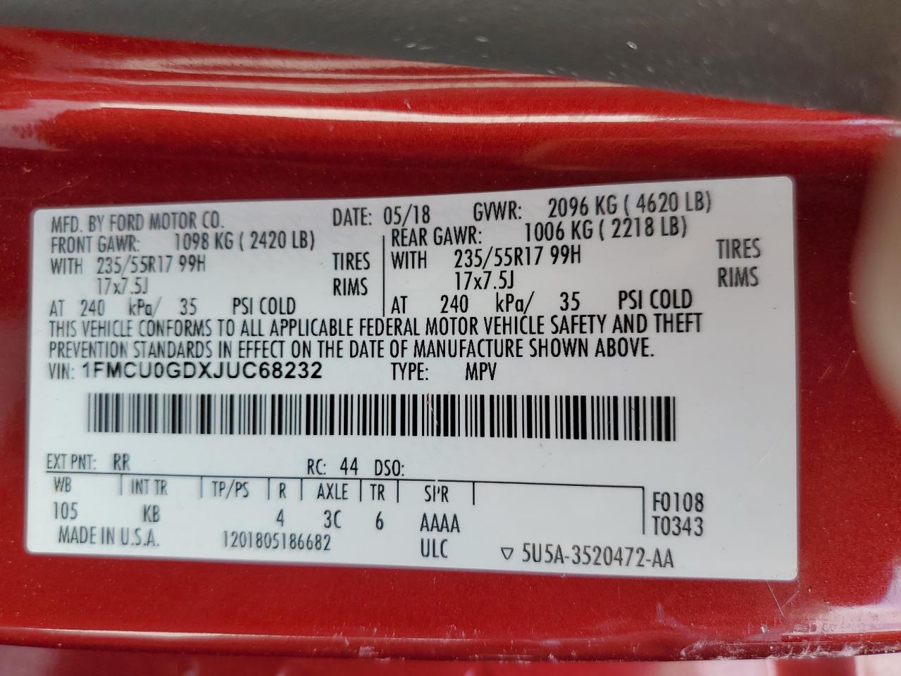 2018 Ford Escape VIN 1FMCU0GDXJUC68232 Copart auction photo, front end damage thumbnail 14